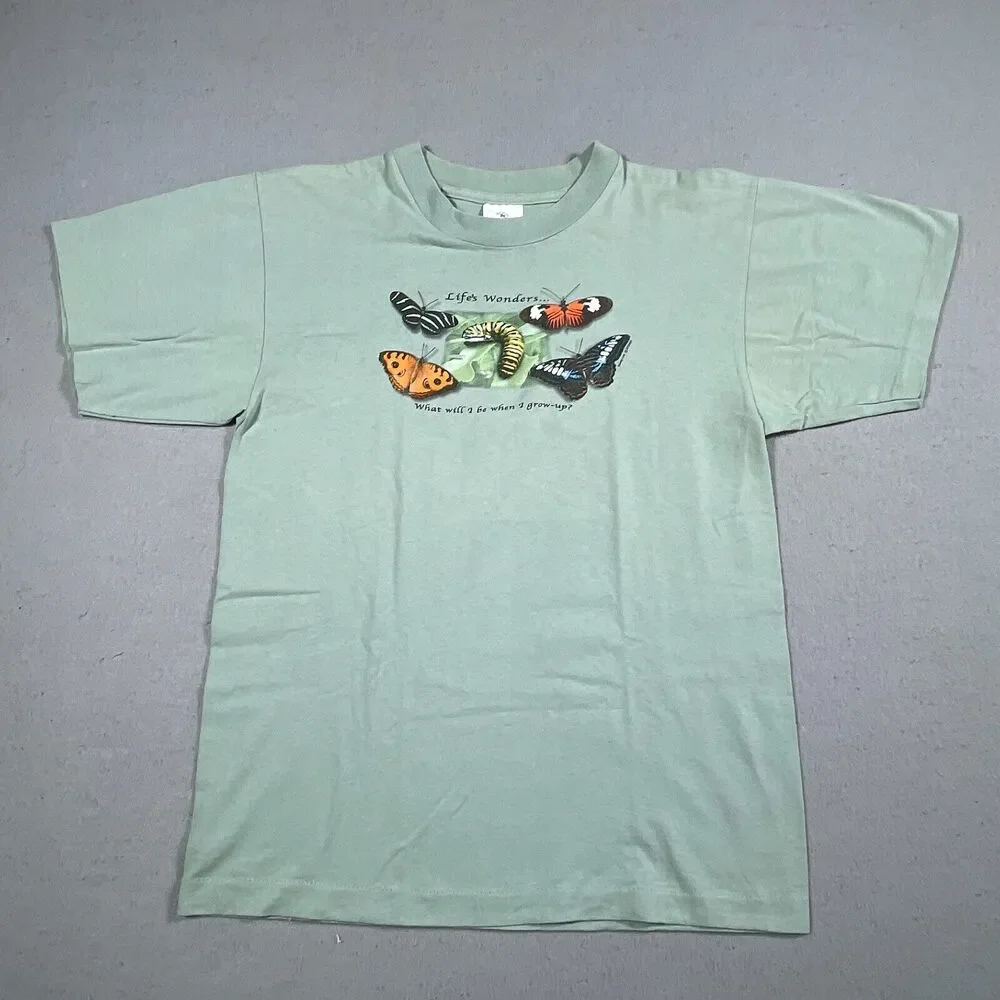 Vintage Shirt Medium Caterpillar Butterflies Made in USA Single Stitch Green‎